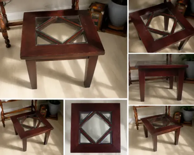 Mesa Lateral Vintage Anos 60 em Madeira Maciça com Vidro Bisotado
