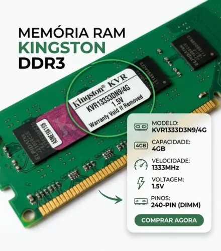 Memória RAM Kingston 4GB DDR3 1333MHz Desktop - KVR1333D3N9/4G