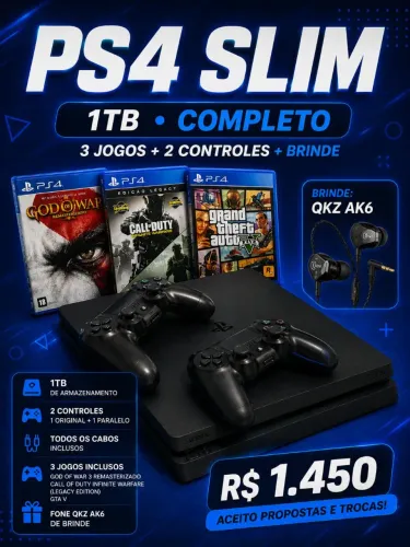 PS4 Slim 1TB + 2 Controles + 3 Jogos | Excelente Estado
