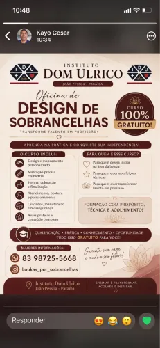 Curso design de sobrancelha gratuito, instituto Dom ulrico 