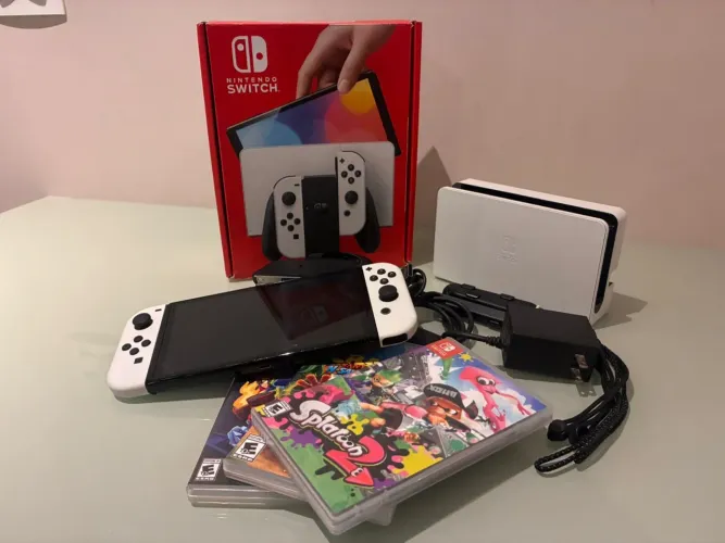 ? Nintendo Switch OLED Branco + Jogos - Completo! 
