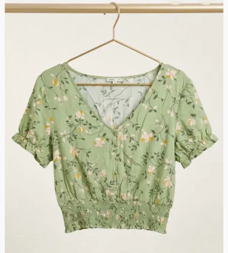 Cropped Floral Verde Sálvia Decote V - Manga Bufante - Tamanho GG