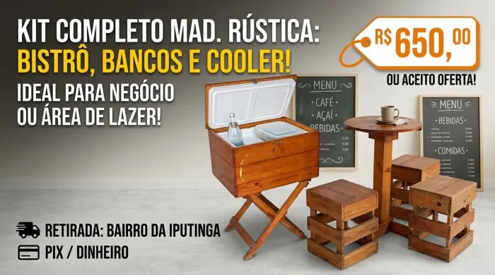 Kit Completo de Madeira Rústica: Mesa Bistrô + 3 Bancos + Caixa Térmica para Lanchonete