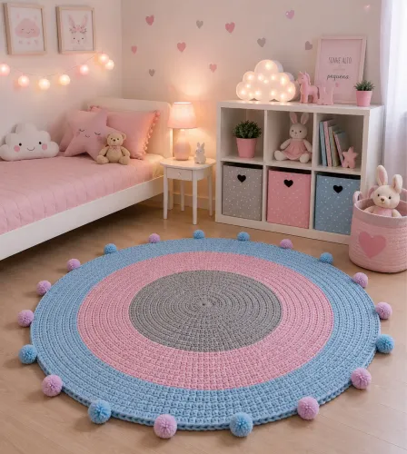 Tapete redondo de crochê quarto de menina