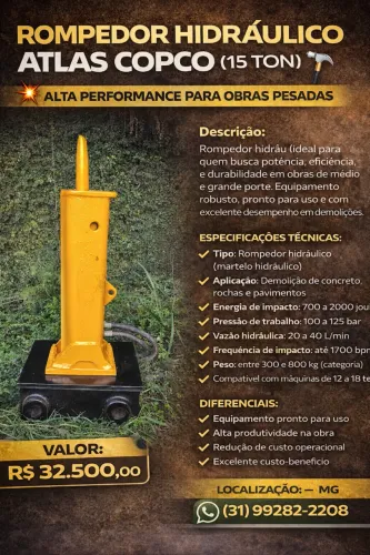 Rompedor Hidráulico Atlas Copco para Retro Escavadeira 15 Ton -ALTA PERFORMANCE PARA OBRAS