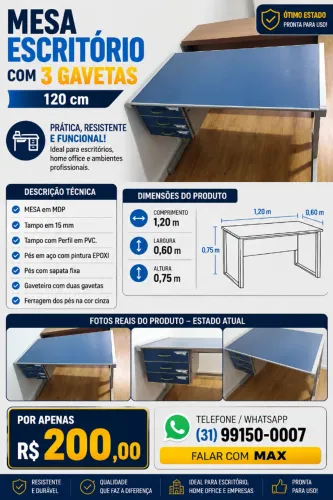 Mesa de Escritório com 3 Gavetas tampão azul