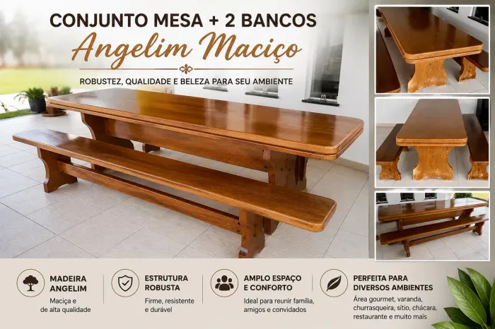 MESA DE ANGELIM MACIÇO + 2 BANCOS - CONJUNTO GRANDE E REFORÇADO