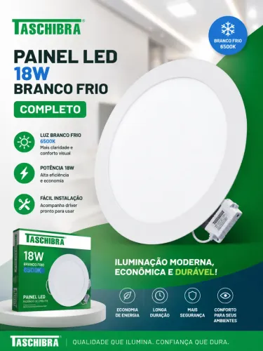 Painel LED Embutir taschibra 18w Redondo Branco Frio Bivolt