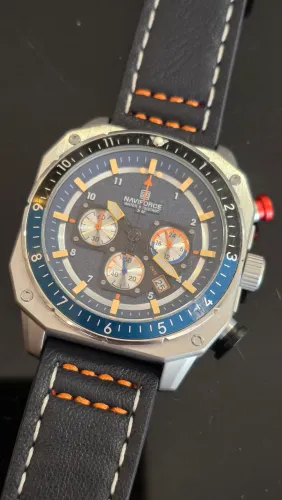Cronógrafo Aviador Original Naviforce masculino 50mm aço escovado com Bezel Batman
