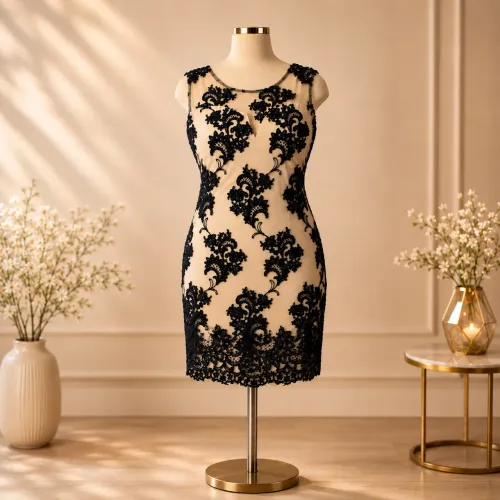 Vestido festa curto bordado e com renda bege e preto