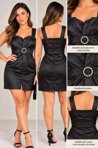 VESTIDO PRETO CURTO ELEGANTE COM DETALHE EM PÉROLAS