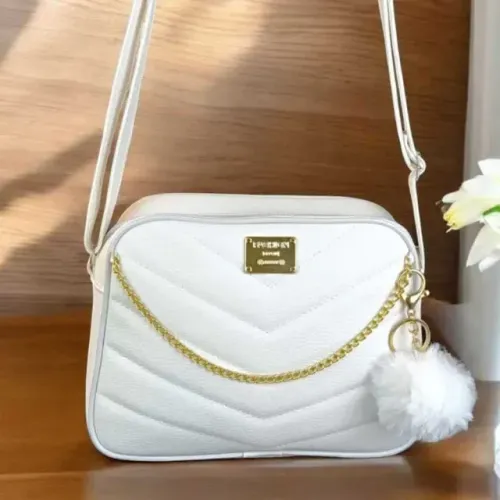 Bolsa Branca Com Corrente Elegante Transversal + Chaveiro Luxo