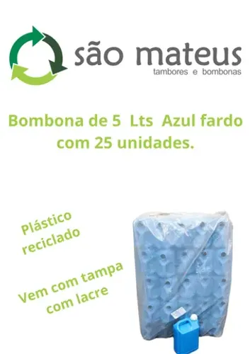 Fardo de Bombona de 5 Litros Azul (Fardo com 25 unidades com tampa com lacre) Plástico Re