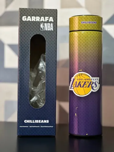 Garrafa térmica Lakers roxa com termostato em tampa