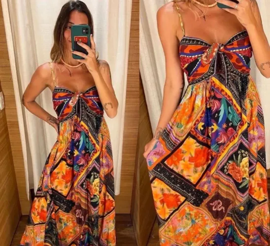Vestido Longo Estampado Floral e Geométrico