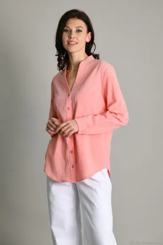 Camisa Lisa em Linho com Manga Longa Coral