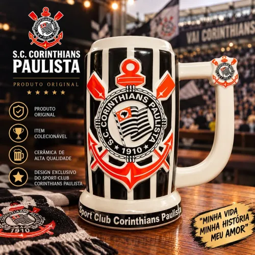 CANECA CORINTHIANS CERÂMICA 500ML CHOPE ORIGINAL 