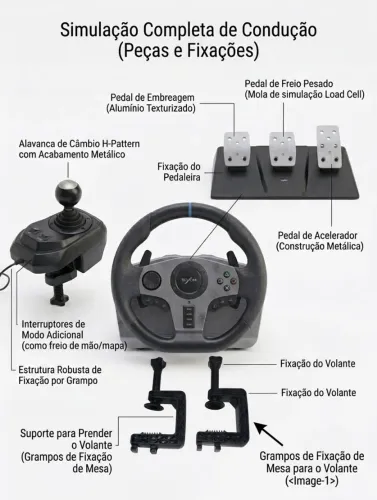 Kit volante de corrida simulador gamer, câmbio e pedais