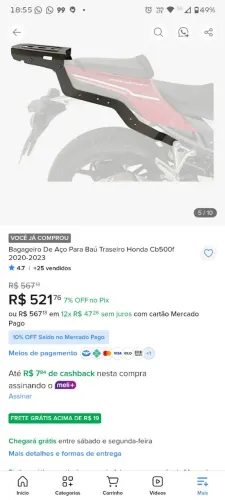 Suporte para baú Honda cb 500 f 2020 até 2023 ,apenas 3 meses de uso