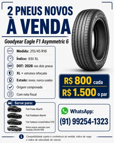 2 Pneus Goodyear Eagle F1 Asymmetric 6 215/45 R18 93V XL - Novos - DOT 2026
