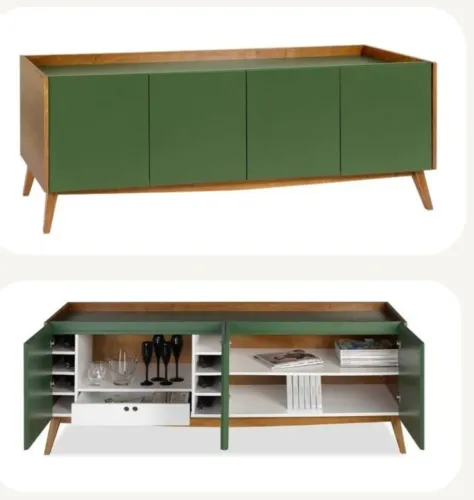 Buffet Retrô Novita 1 Gaveta 4 Portas 180cm Pés em Madeira Maciça