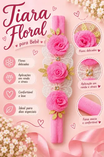 Tiara floral rosa para bebê