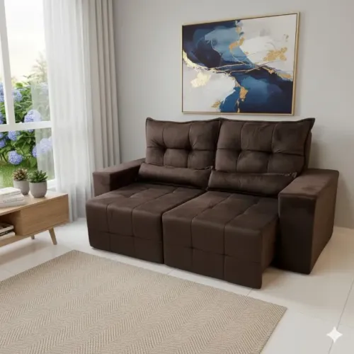 Sofá Retrátil Lisboa 2 Metros Marrom - Cor Prática e Veludo Macio