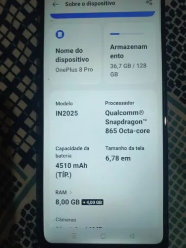 Smartphone oneplus 8 pro 128gb 8+2 de RAM usado s/ biometria