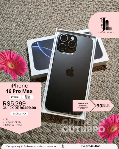 IPHONE 16 PRO MAX, 5G, 256GB, CHIP ESIM, TITÂNIO PRETO, SEMINOVO, EXCLUSIVO!