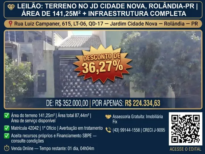 LEILÃO: casa NO JD CIDADE NOVA, ROLÂNDIA-PR | ÁREA DE 141,25M² + INFRAESTRUTURA COMPLE