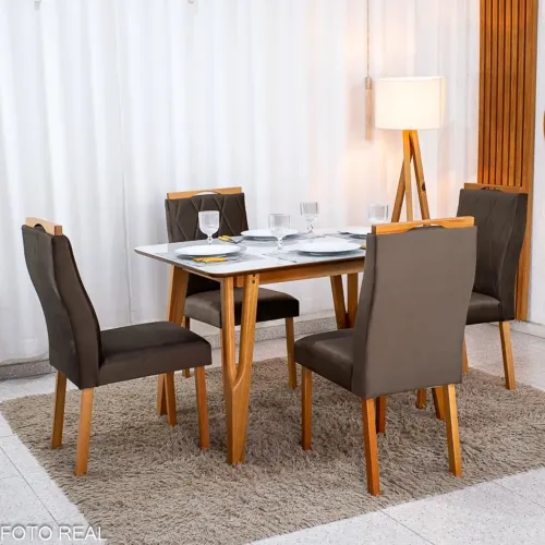 Mesa de Jantar Siena 120x90 Vidro Off/Base Madeira + 4 Cad. Lisboa Veludo