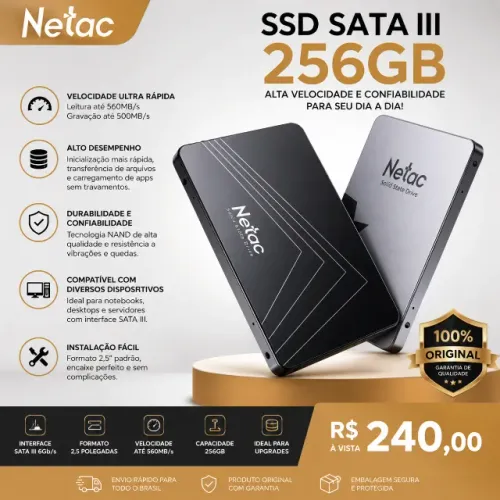 SSD NETAC 256 GIGAS STA III - CASE DE ALUMINIO R$ 245