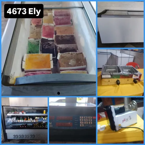 Balcão refrigerado, estantes, fritadeiras, moedor de carne boca 8, balança e freezer.