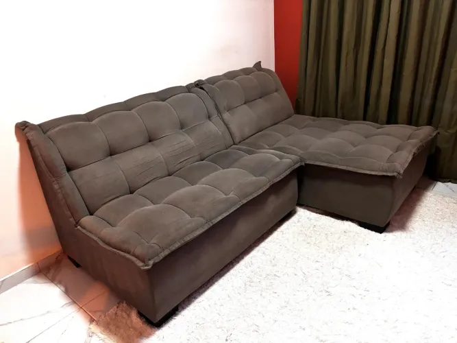 Sofá com chaise em L cinza suede - Ler descrição
