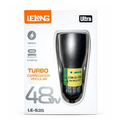 Carregador Veicular Turbo 48W USB-C + USB Duplo Rápido 12V/24V Lelong LE-535 Ultra