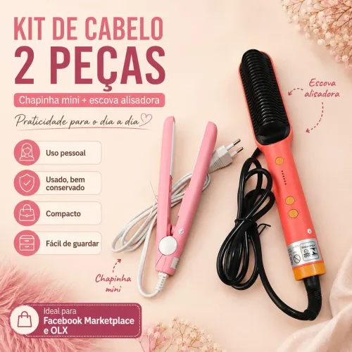 Kit Cabelo 2 Peças - Escova Alisadora + Mini Chapinha Rosa