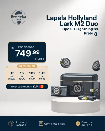 Lapela Lark M2 Hollyland Duo Preta - Lacrada - Com Nota Fiscal