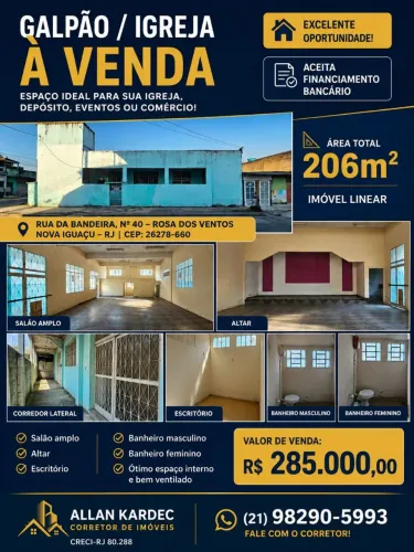 Vendo galpão 206m² (antiga igreja). Bairro: Rosa dos Ventos, Nova Iguaçu/RJ.