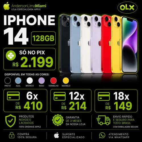 IPHONE 14 128GB PROMOÇÃO SO NO PIX, LOJA NO RIOMAR, FAZEMOS ENTREGA A COMBINAR.