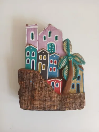 Escultura Casas Coloridas de Olinda - Madeira Artesanal - Casario Pernambuco Nordeste Cult