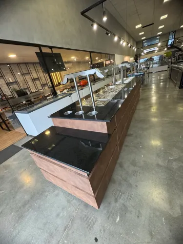 Buffet para restaurante 10 cubas aquecidas e 8 frias em mdf,passa pratos granito