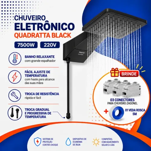 Chuveiro Ducha Eletrônico Quadratta Black - Zagonel 220v