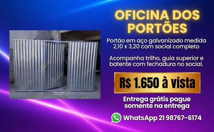 Portao garagem galvanizado 2,10 X 3,20 com social completo com entrega e pague na entrega