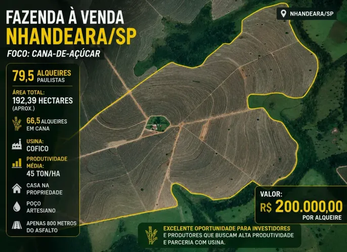 FAZENDA À VENDA NHANDEARA/SP CANA DE AÇUCAR