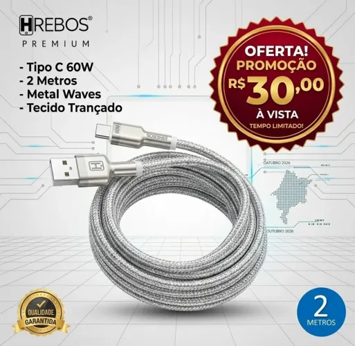 Cabo de Carregamento Tipo C 60W com 2 Metros, Tecido Trançado - Hrebos Metal Waves