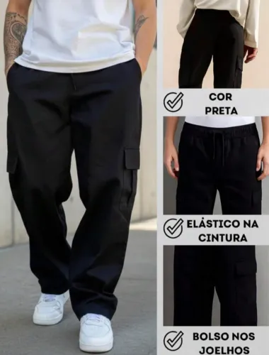 Calça Cargo Larga Reta Wide Preta
