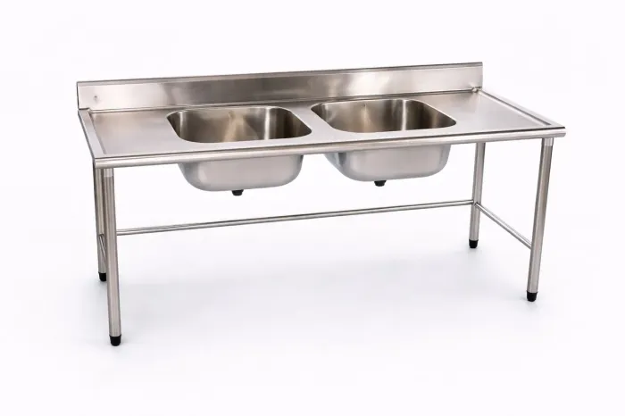 Mesa industrial para cozinha industrial em aço inox 304 com 2 pias