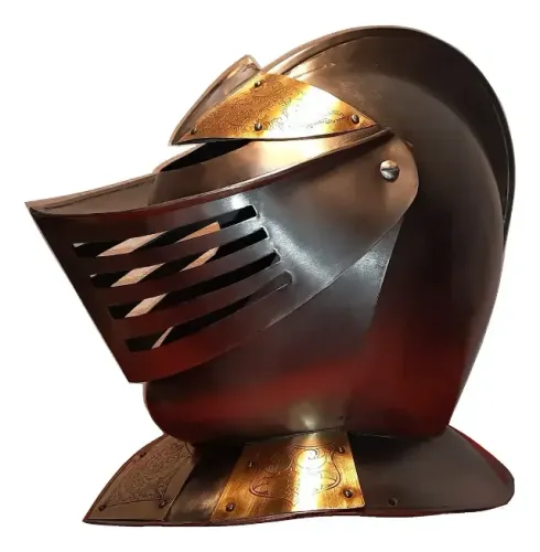 Elmo Medieval Aço 18 Artesanal Com Detalhes Dourados Cosplay