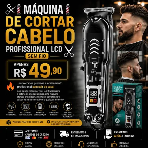 MÁQUINA DE CORTAR CABELO PROFISSIONAL LCD SEM FIO