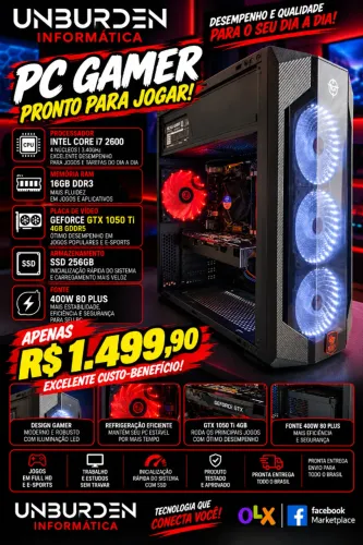 PC Gamer TOP Entrada i7 2600 16gb GTX 1050ti 4gb SSD
